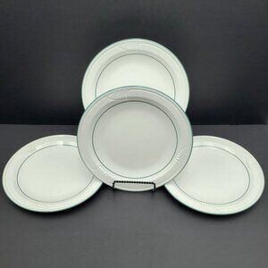 Corning Pyroceram Tableware White Luncheon Plates Teal Bands Embossed Shell Rim